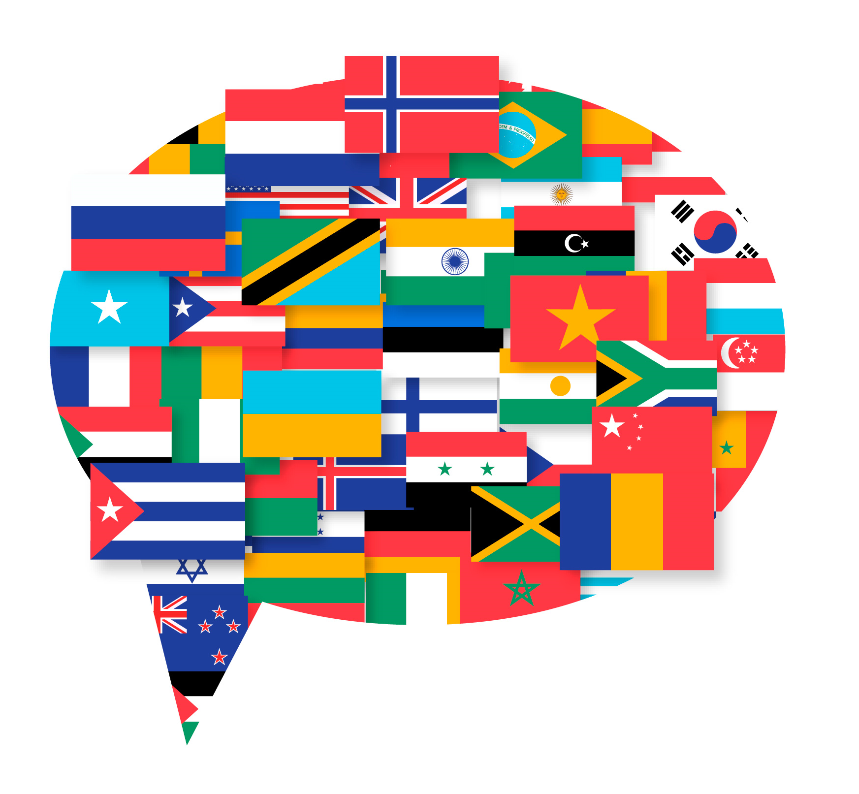 Graphic representation of a text bubble lined with multiple country flags